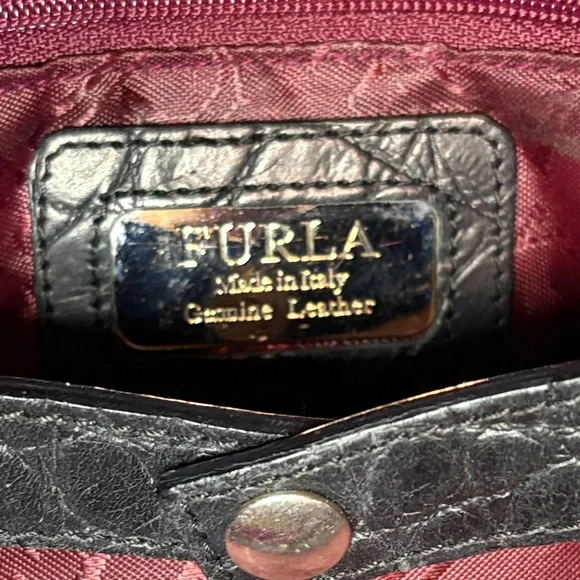 Furla Black Croc Embossed Leather Tote Bag Large Shoulder Bag Made in Italy EUC